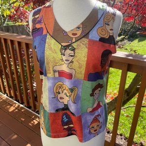 Terry Whimsical Faces Sleeveless V-Neck Athletic Top